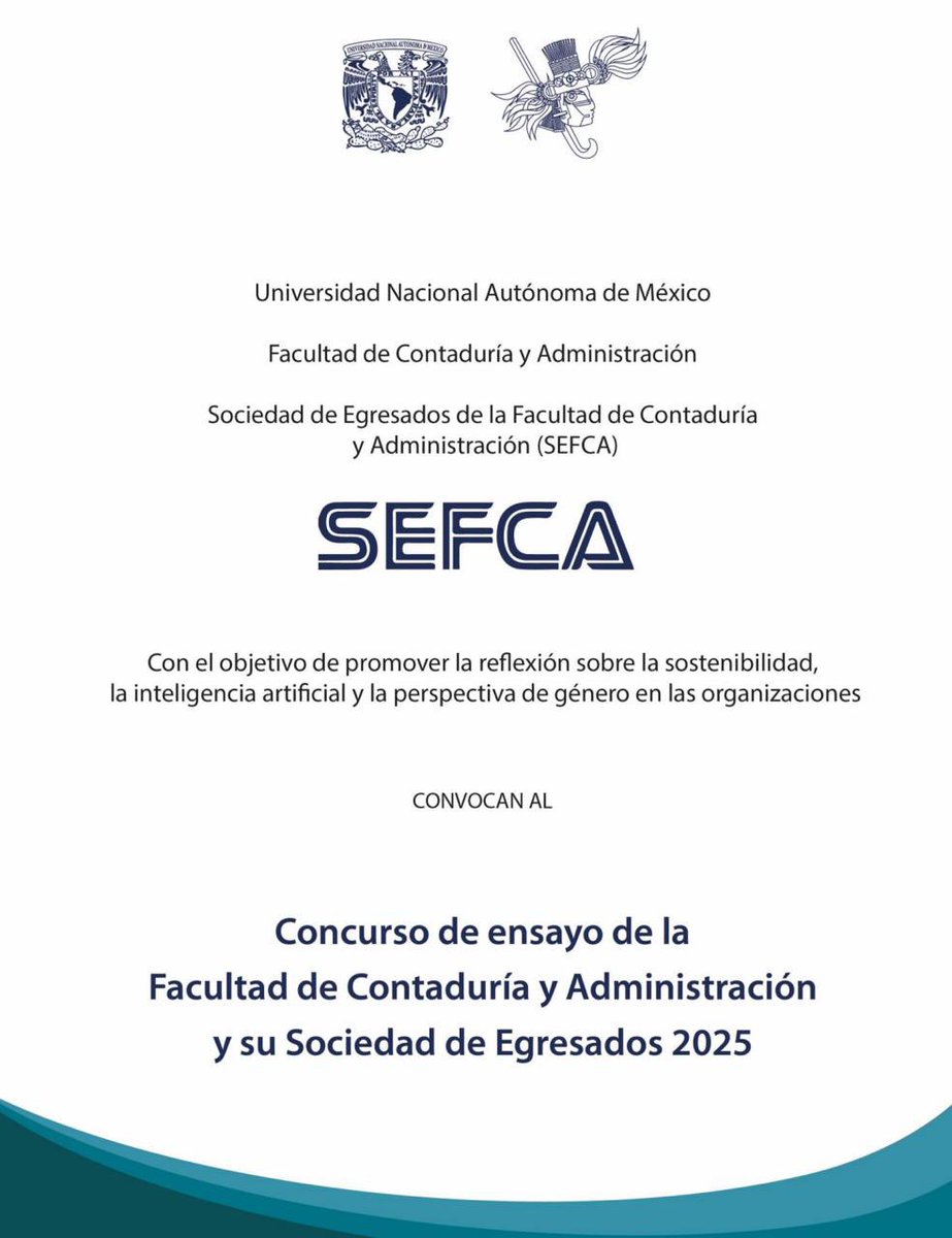 La FCA y la Sociedad de Egresados (SEFCA) convocan al Concurso de Ensayo 2025, con temas de sostenibilidad, IA y perspectiva de género en las organizaciones.
Recepción: Hasta el 20 de marzo 2026
📌 Consulta las bases: bit.ly/47N3vnd