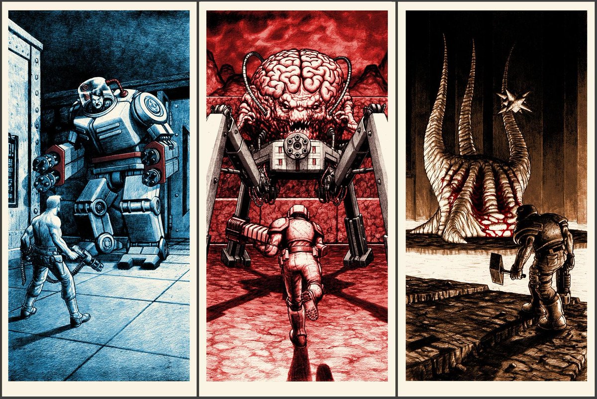 boomshootart's tweet image. BOSS FIGHT 2 - Ode to Id
Featuring the final bosses of Wolfenstein, Doom, and Quake.

The Mech - The Mind - The Monster
Art by @NickDerington