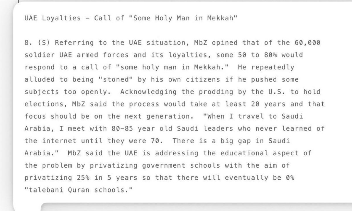 Q_98C's tweet image. وثيقة مسرّبة | برقية دبلوماسية – 24 يناير 2007

في مراسلة  #محمد_بن_زايد  آل نهيان
( ولي عهد  #أبوظبي  آنذاك )
مع نيكولاس بيرنز
وكيل وزارة الخارجية الأمريكية للشؤون السياسية في ذلك الوقت
تكشّف ما كان يُدار خلف الأبواب بعيدًا عن الخطاب الإعلامي المظلل

محمد بن زايد بحسب البرقية