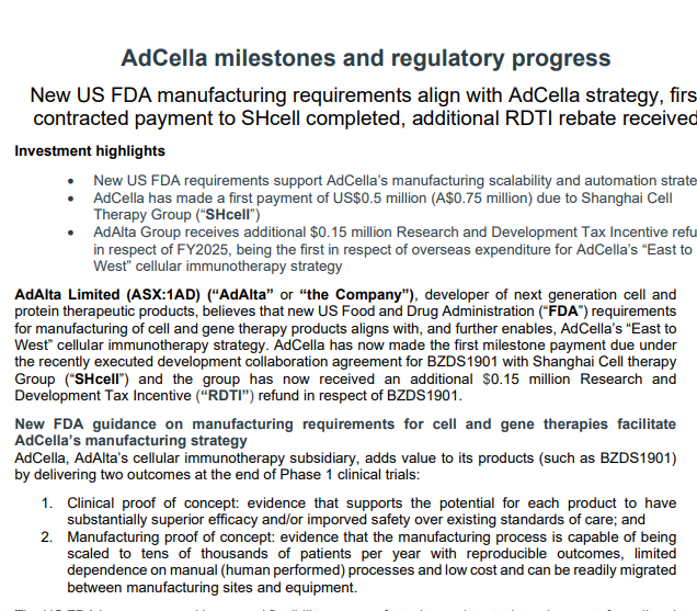 MrShare_expert's tweet photo. #1AD #BIO #lowMC
AdCella milestones and regulatory progress
⚡️New US FDA requirements support AdCella’s manufacturing scalability and automation strategy • ⚡️AdCella has made a first payment of US$0.5 million (A$0.75 million) due to Shanghai Cell Therapy Group (“SHcell”)
⚡️• AdAlta Group receives additional $0.15 million R&D Tax Incentive refund in respect of FY2025