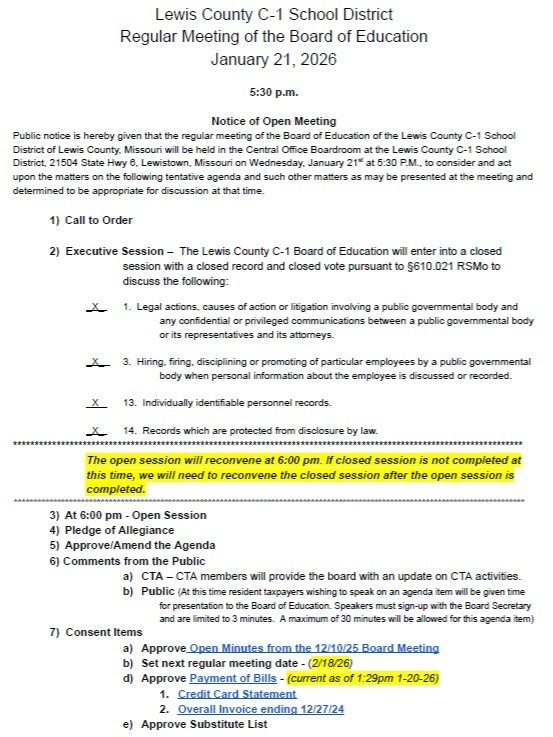 The  LCC1 Board of Education will conduct their regular monthly meeting for January tomorrow night (1-21-26) at 5:30pm with Open Session beginning at 6pm. The full agenda can be viewed here: bit.ly/3LJr7QI