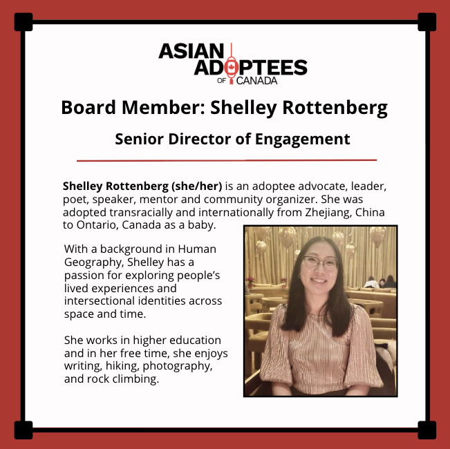 We are pleased to announce that @shelleyrottenberg has been promoted to our 𝗦𝗲𝗻𝗶𝗼𝗿 𝗗𝗶𝗿𝗲𝗰𝘁𝗼𝗿 𝗼𝗳 𝗘𝗻𝗴𝗮𝗴𝗲𝗺𝗲𝗻𝘁!

Since joining the Asian Adoptees of Canada Board of Directors in 2022, Shelley has been an active contributor and passionate member.