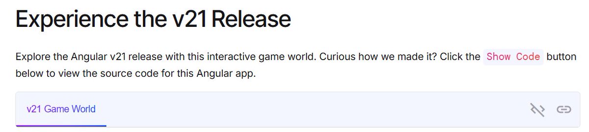 angularian's tweet photo. #Angular Quality control at its best. Head straight to the Angular v21: The Adventure Begins page and this is what you get.  The "experience" of clicking "Show Code" is to just show you the words "v21 Game World" Sigh! https://t.co/JdKflvgwFB
