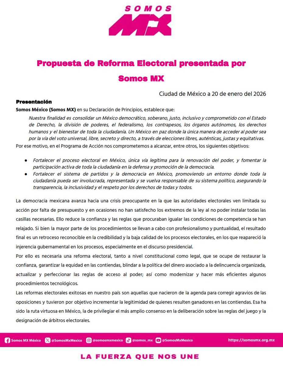 azucenau's tweet image. 🗳️Somos MX (@SomosMxMexico) presenta su propuesta para la reforma electoral

“Fortalecer el proceso electoral en México, única vía legítima para la renovación del poder, y fomentar la participación activa de toda la ciudadanía en la defensa y promoción de la democracia”, destaca…