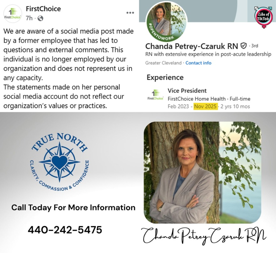 libsoftiktok's tweet image. UPDATE: First Choice Home Health released a statement claiming that Chanda Petrey-Czaruk is "no longer employed" at their company.

Chanda also just updated her LinkedIn to reflect that she has not been their Vice President since November 2025.

According to her FB page, she is…