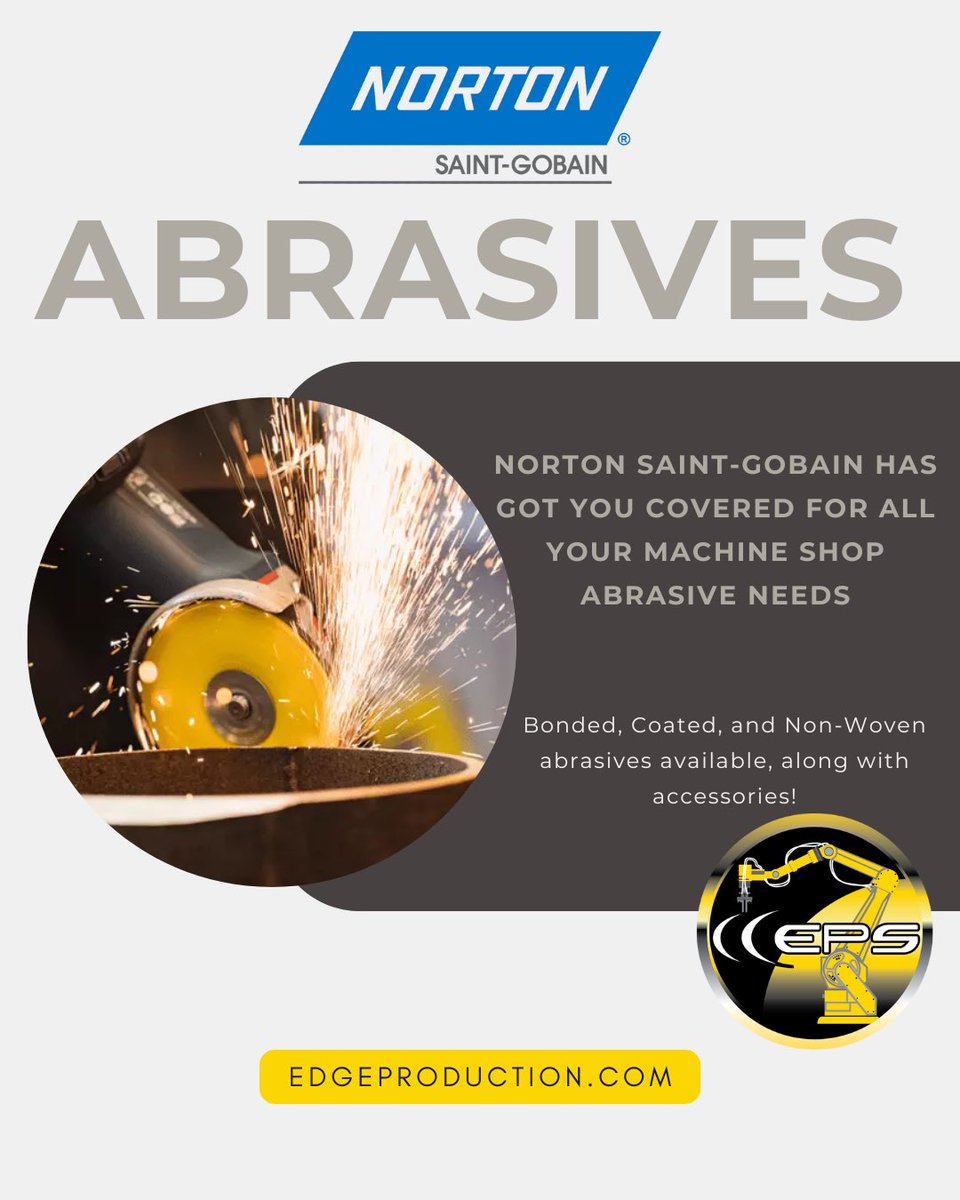 Norton Abrasives offers Bonded, Coated, or Non-Woven abrasives! Contact Egde today to learn more today!

#EdgeProductionSupplies #TotalMachiningSolutions #Abrasives #machinetools #industrialsupplies #YEG #YVR #YYC #WesternCanada