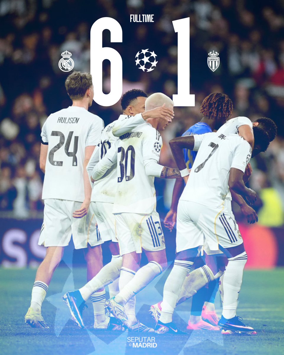 🏁 FULLTIME FROM SANTIAGO BERNABÉU!

Real Madrid 6-1 Monaco

⚽ 5' Mbappé
⚽ 26' Mbappé
⚽ 51' Mastantuono
⚽ 55' Kehrer (o.g.)
⚽ 63' Vini Jr.
⚽️ 80' Bellingham
—
⚽ 72' Teze.

#UCL