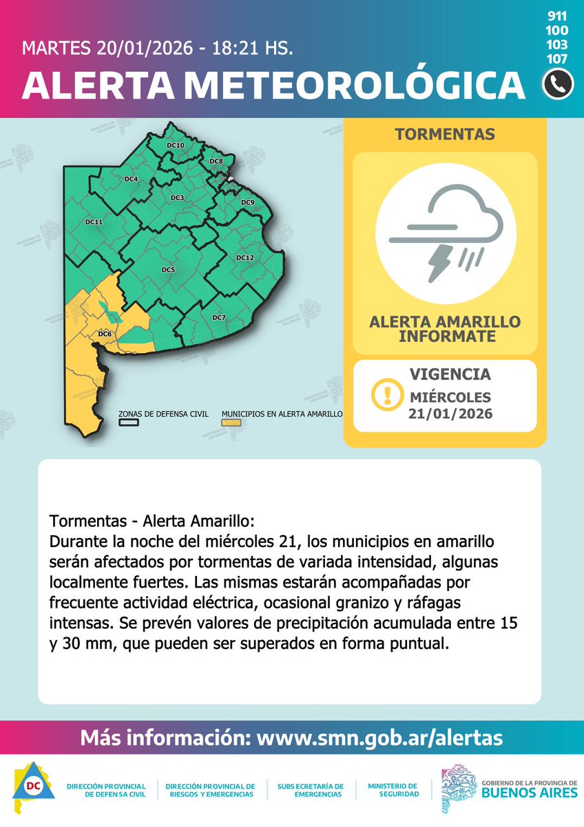 *Descripción alerta amarillo por tormentas – Miércoles 21/1*

Segun indicó el SMN, durante la noche del día Miércoles 21/1, se desarrollarán lluvias y tormentas aisladas de variada intensidad sobre el sudoeste de la provincia.

Algunas tormentas podrían ser localmente fuertes, y