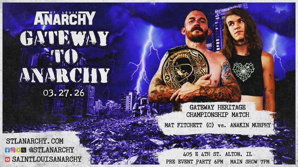 🎟️🎟️🎟️STLANARCHY.COM🎟️🎟️🎟️

It’s do or die for Deathwish <a href="/anakinsadmurphy/">anakin murphy</a> as he takes on former compatriot <a href="/pro_jitsu/">ProJitsu</a> for the richest prize in independent wrestling, The Gateway Heritage Championship, when we return for #GTA2026 

Mat Fitchett’s 2025 Season had