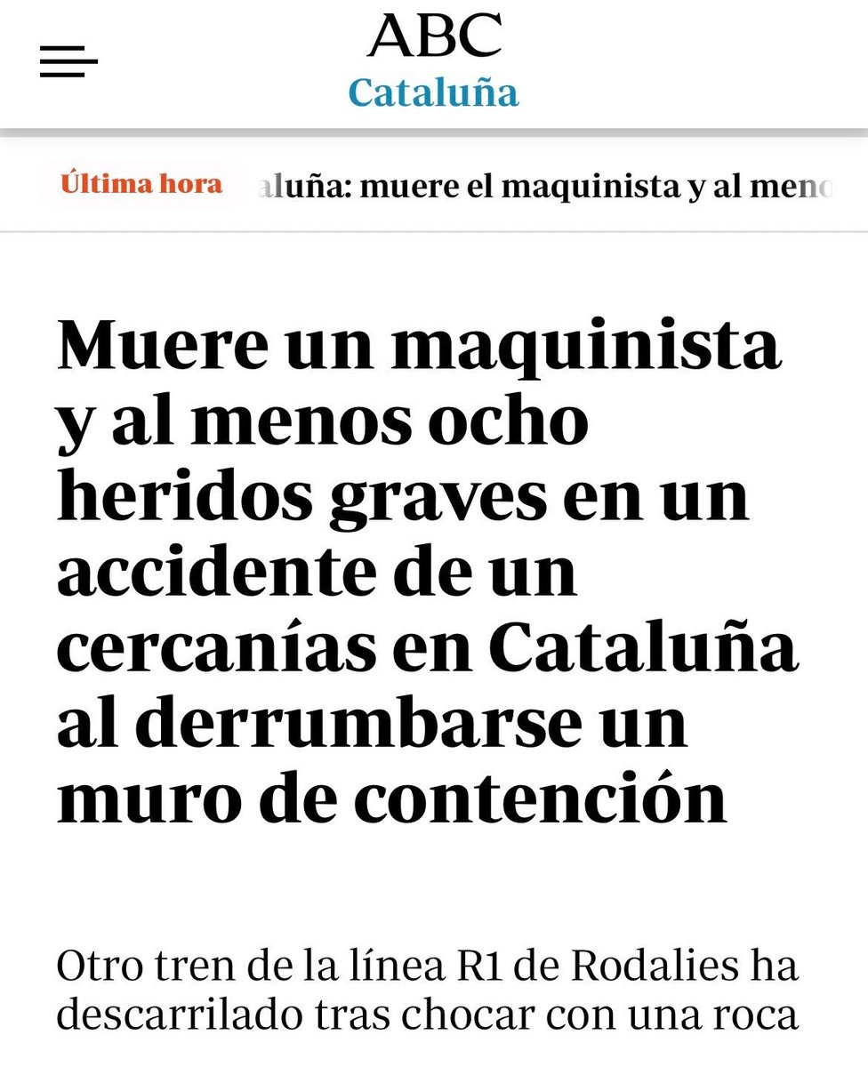 Esto es demasiado. 

Siento mucho el fallecimiento de otro maquinista en el descarrilamiento de un tren en Gelida (Barcelona), y deseo la recuperación de las personas heridas. 

Acabo de trasladar a <a href="/salvadorilla/">Salvador Illa Roca</a> nuestra preocupación y nuestro apoyo a los servicios de emergencia.