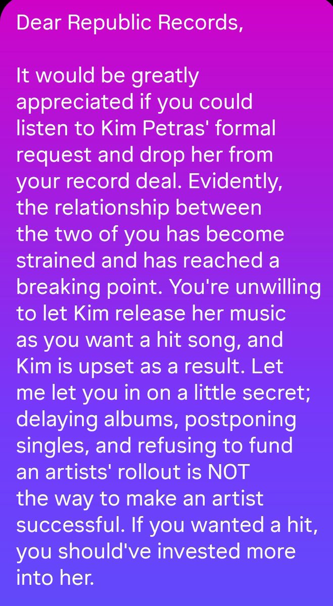 Icyyyxcx's tweet image. My full formal message to .@RepublicRecords . Listen to your artists, listen to your fans, AND save your business. #FreeKimPetras .