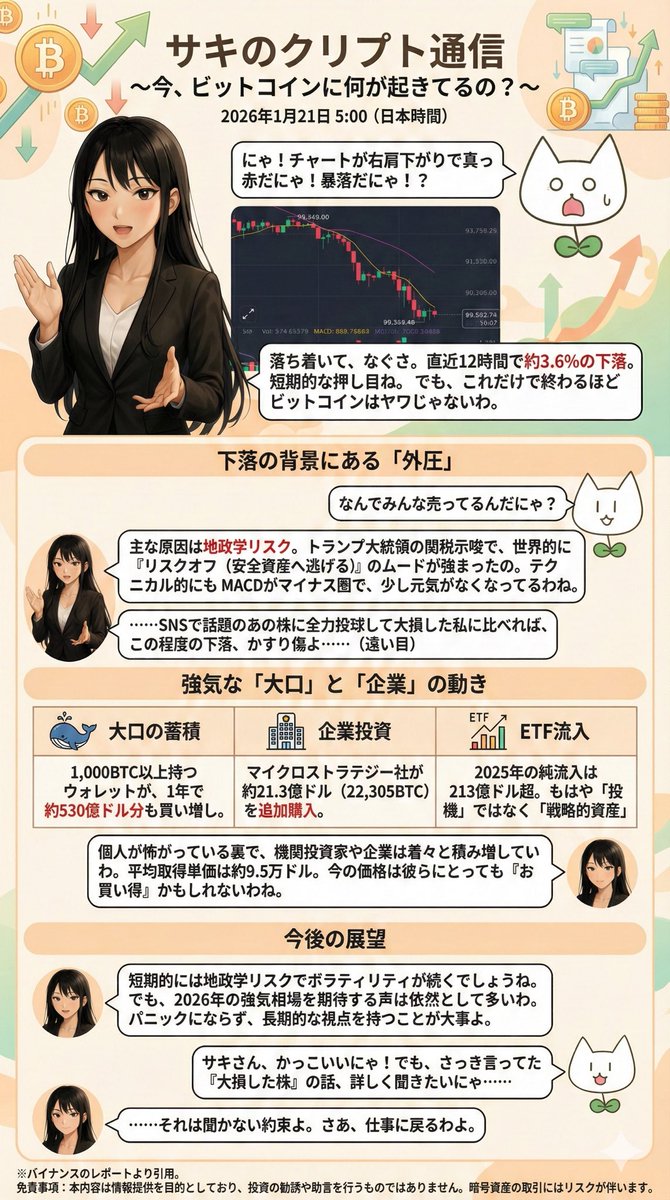 日本株、日本債券、米株、米国債券、ビットコイン、と何もかも下げてますね。ゴールドは買われてました。 ビットコインの概況をGeminiに作ってもらいました。  今日の解説担当はサキさんです。 クールにしゃべってますがしっかり焼かれてます。 #BTC #なぐさ #サキ ↓