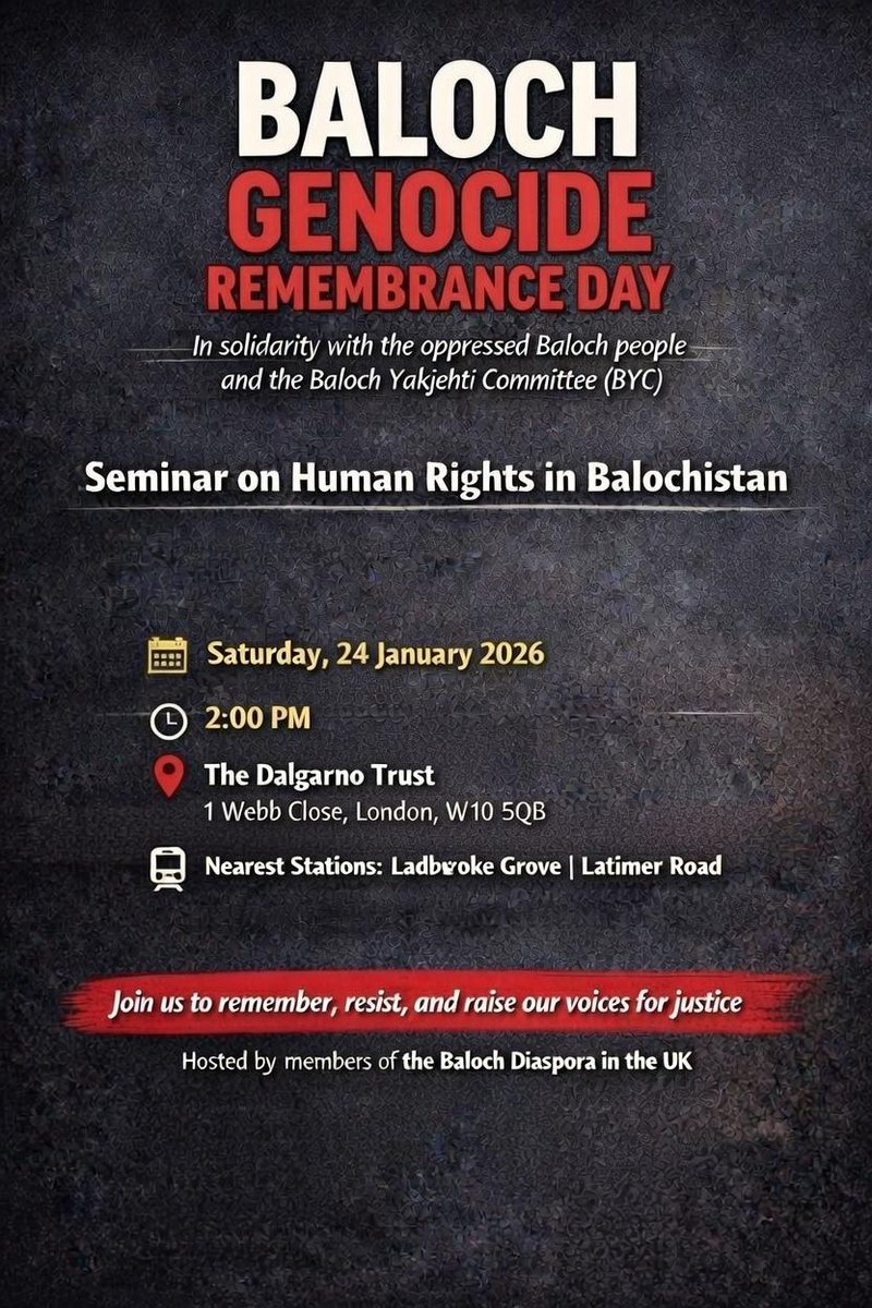 In response to the call of the Baloch Yakjehti Committee <a href="/BalochYakjehtiC/">Baloch Yakjehti Committee</a> to observe Baloch Genocide Remembrance Day, members of the Baloch diaspora in the United Kingdom will host a seminar in London, as detailed in the attached flyer. The BASC confirms its participation and