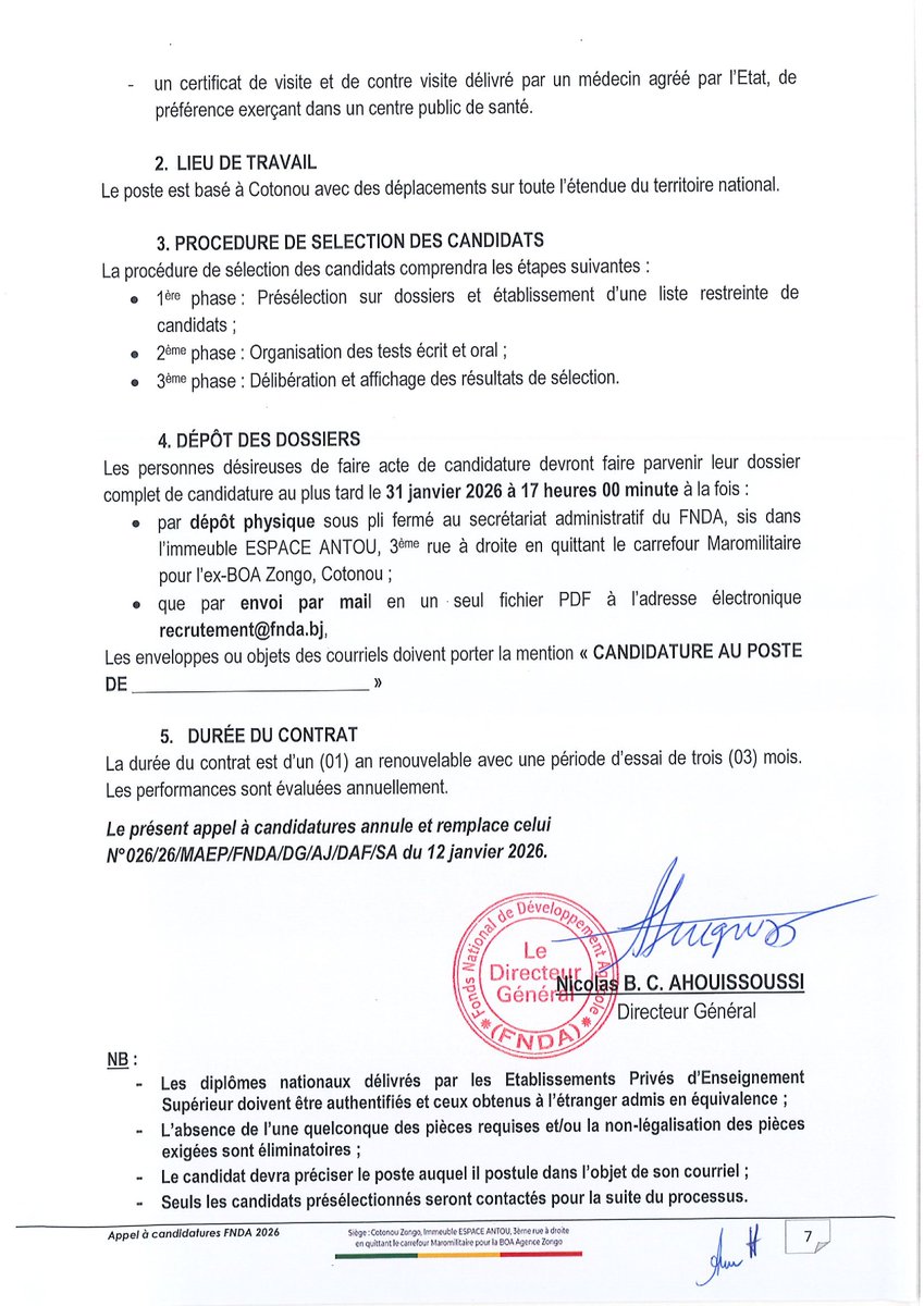 APPEL A CANDIDATURES FNDA - JANVIER 2026 
Dans le cadre de la mise en œuvre de la convention de partenariat avec le ProCaR et le renforcement de son effectif, le FNDA lance le présent avis de recrutement pour pouvoir à des postes. Plus de détails : 
fnda.bj/.../recrutemen…...