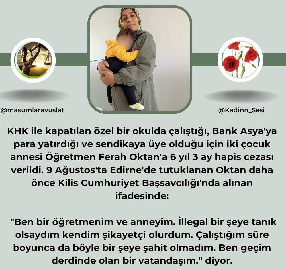 Yasar5112's tweet photo. 2 çocuk annesi öğretmen Ferah Oktan, KHK ile kapatılan özel bir okulda çalıştığı, Bank Asya'ya para yatırdığı ve sendikaya üye olduğu için verilen 6 yıl 3 ay hapis cezası nedeniyle 9 Ağustos 2024'ten beri Edirne'de cezaevinde
Bunlar SUÇ DEĞİL! @TCYargitay
FerahOktan KanserHastası https://t.co/u4agigrE1Q