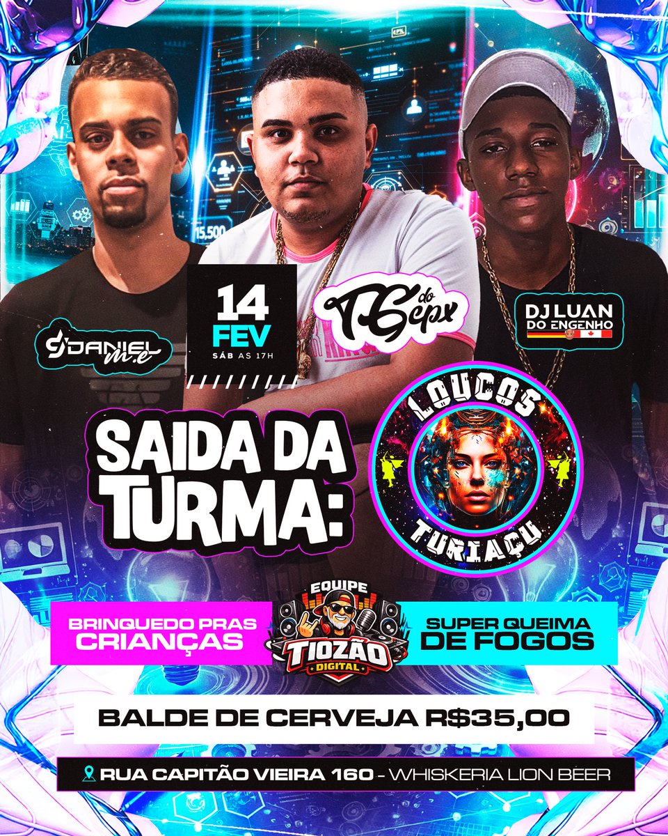 _loucos14's tweet photo. ::::: MEGA SAIDA DA TURMA LOUCOS 🔥🤖🏆::::

📅  14/02/2026

⏰️  18:00 

🎧 DJ LUAN, DJ DANIEL E DJ TG 

🔊 EQUIPE TIOZÃO DIGITAL

🎆 SUPER QUEIMA DE FOGOS

RUA CAPITÃO VIEIRA 160📍 https://t.co/M1R27VFbAS