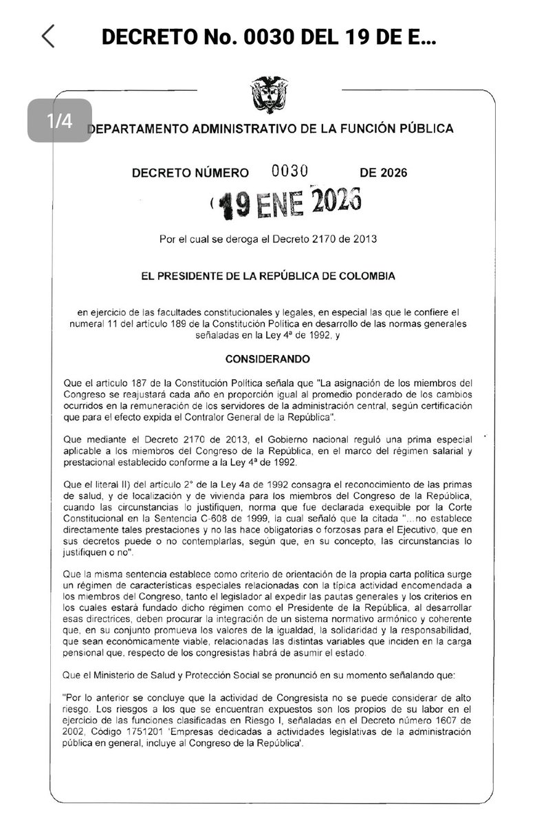 MinHacienda's tweet image. Decreto 0030 de enero 19 de 2026, por el se deroga efecto de prima especial de congresistas a partir del 20 de julio de 2026.