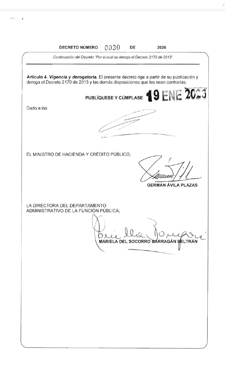 MinHacienda's tweet image. Decreto 0030 de enero 19 de 2026, por el se deroga efecto de prima especial de congresistas a partir del 20 de julio de 2026.