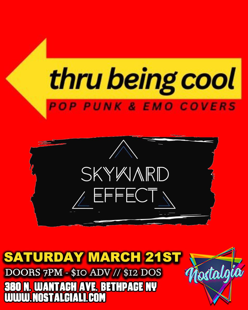 SATURDAY, MARCH 21ST!
Thru Being Cool: Emo/Pop-Punk Covers w/ Skyward Effect!
Doors open 7pm!
Tickets: tinyurl.com/4ta6bkz2