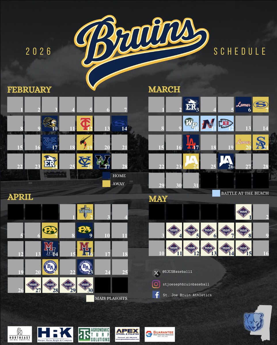 SJCSBaseball1's tweet photo. The 2026 St. Joseph Catholic School Baseball Schedule

Its almost time for first pitch at the ballpark! Bruins open up the season on February 10 at home.

#Relentless #Selfless #Effort

@StJoeMadison @STJOEBRUINS @MikeHowell_12 @t_mould_44 @SigNewton_2 @bshields0244 https://t.co/2TKj48ORpl