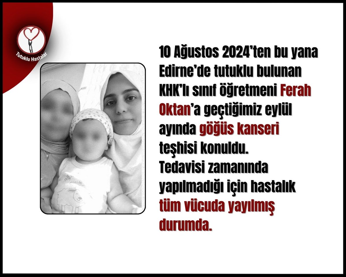 Hakkında kesinleşmiş bir karar bulunmayan, kanser hastalığıyla mücadele eden bir kadının hala ağır cezaevi şartlarında tutulması adalet değildir. Hemen serbest bırakılmalı, tedavisine özgür bir şekilde devam etmelidir.
FerahOktan KanserHastası

#TürkBayrağı #Nusaybin
Eski Türkiye
