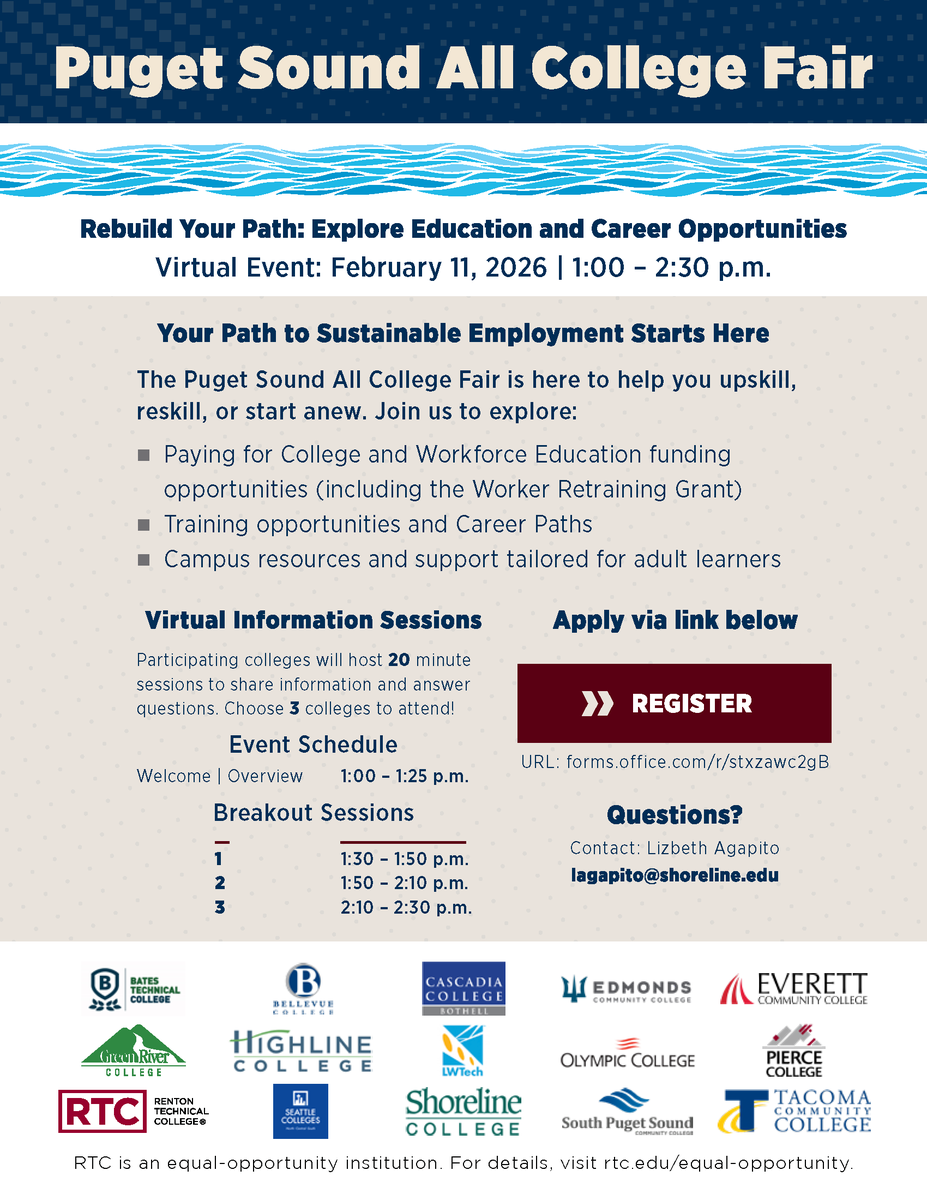 Explore new career paths at the virtual Puget Sound All College Fair! 

📅 February 11, 2026
🕐 1:00 – 2:30 PM
🔗 Register here: forms.office.com/r/stxzawc2gB