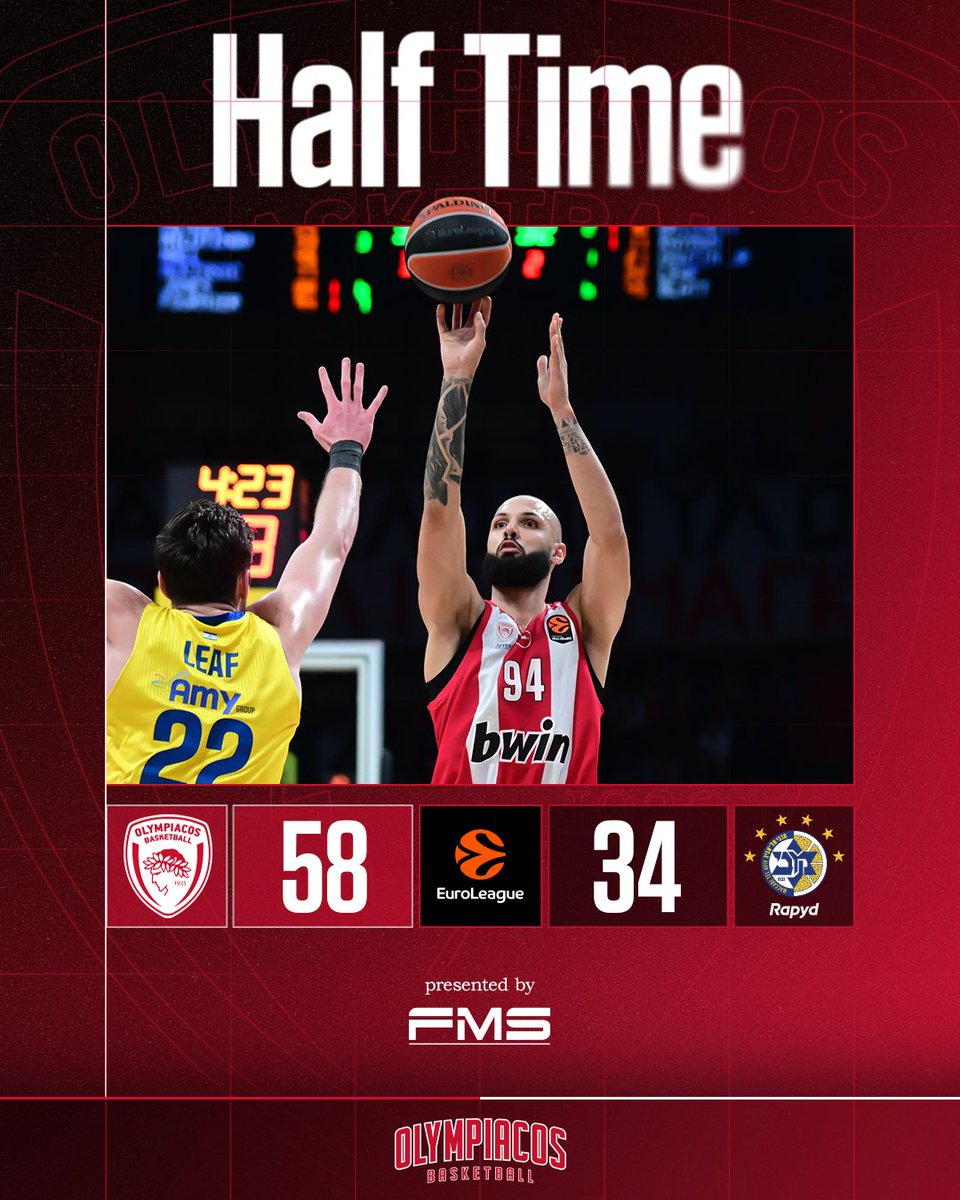 Olympiacos_BC's tweet photo. Half-Time 🏀 #OlympiacosBC - Maccabi Rapyd Tel Aviv 58-34 #EveryGameMatters #WeAreOlympiacos #TogetherWeFight #OLYMTA https://t.co/ojjha2xzea