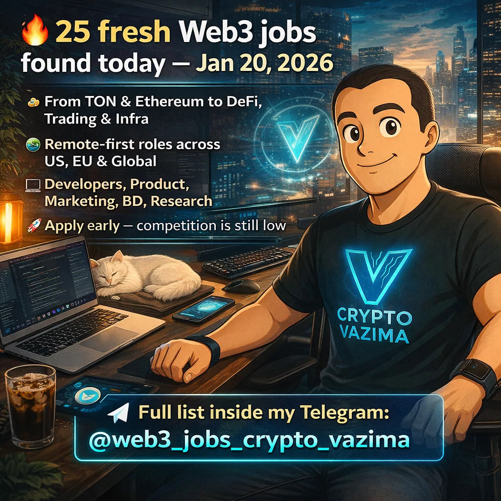 🔄 25 fresh Web3 jobs found today (Jan 20, 2026): 🎮 Game Producer — Remote  | Gaming / TON | https://t.co/AIyFgB3Rci 💻 Blockchain Engineer (TON/FunC)  — Remote | TON / Go |