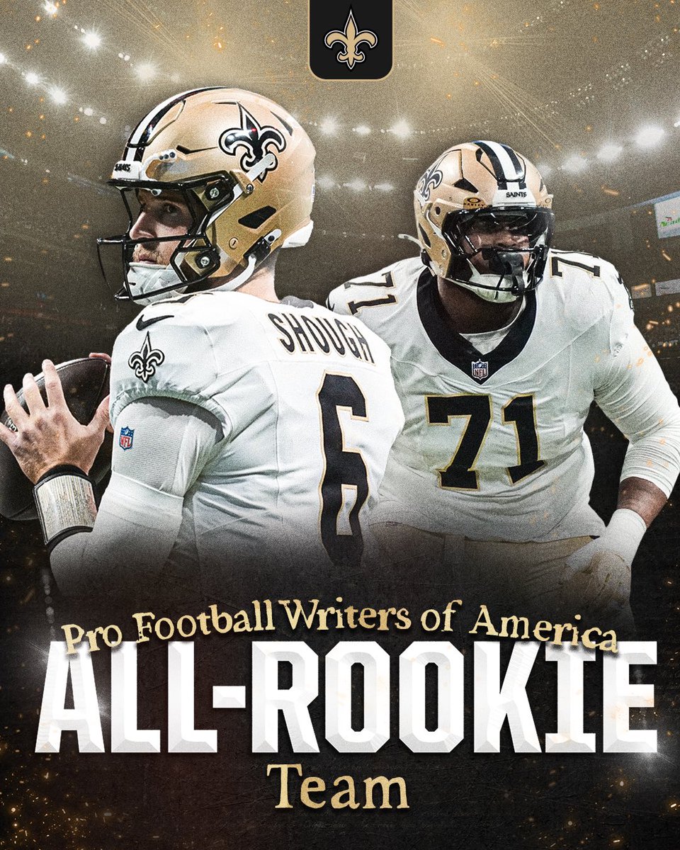Saints's tweet image. Congrats to Tyler Shough and Kelvin Banks Jr. on making the @PFWAwriters All-Rookie Team!