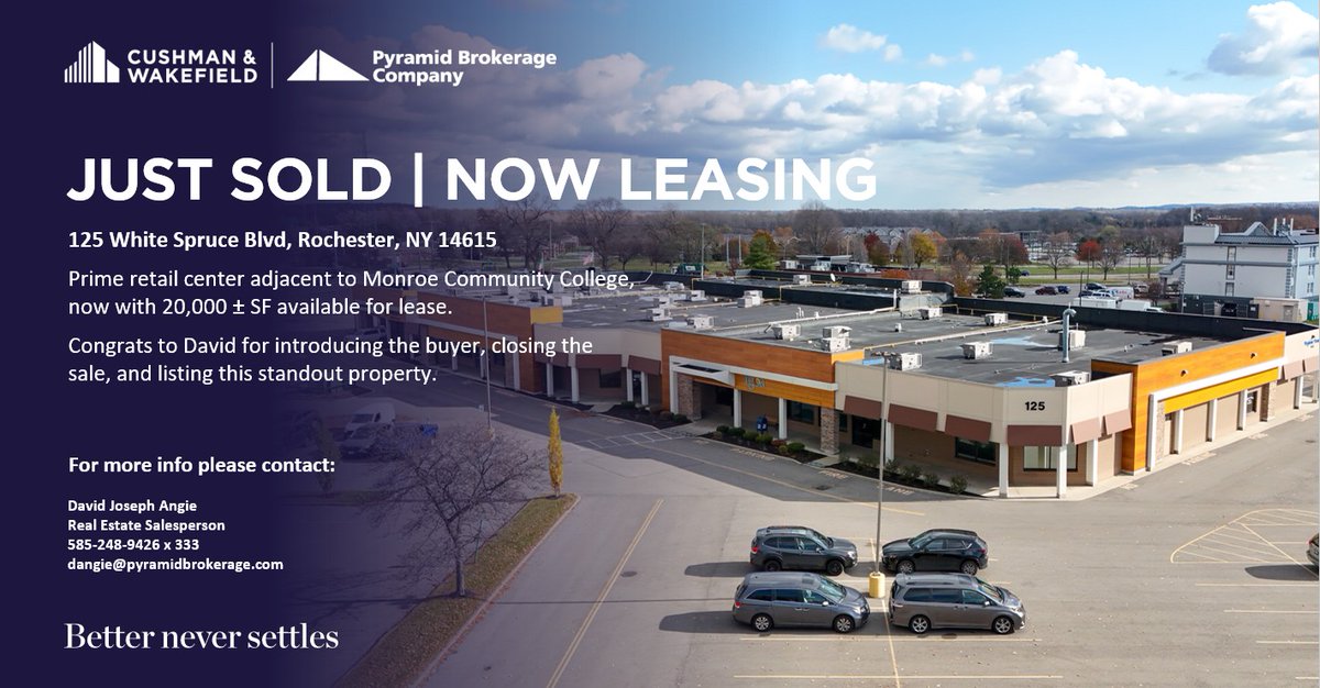 125 White Spruce Blvd has sold and is now available for lease. Prime retail adjacent to Monroe Community College with 20,000 ± SF available. Congrats to David Joseph Angie.

 #CRE #Retail
