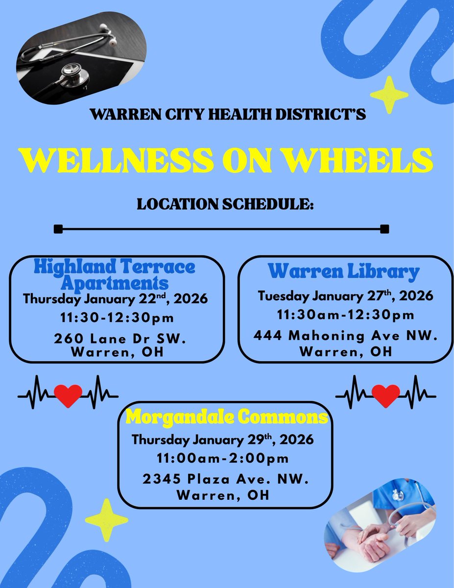 WarrenHealth's tweet image. Our Wellness on Wheels schedule  for the rest of January  2026: 

Highland Terrace Apartments-Thursday January 22nd, 2026 from 11:30am-12:30pm
Warren Library-Tuesday January 27th, 2026 from 11:30am-12:30pm
Morgandale Commons-Thursday January 29th, 2026 from 11:00am-2:00pm