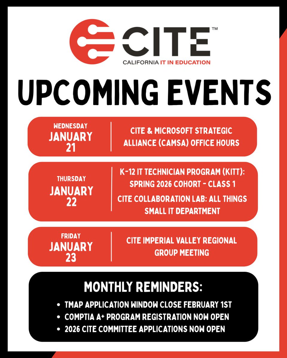 CITE_EDU's tweet photo. Happy Tuesday! Here are some of CITE's upcoming events for this week. Visit the CITE Community Calendar to see even more! https://t.co/ZZtFly5Byf
#CITE_EDU #k12sysadmin #edtech #technology https://t.co/sdS9lCVHBs