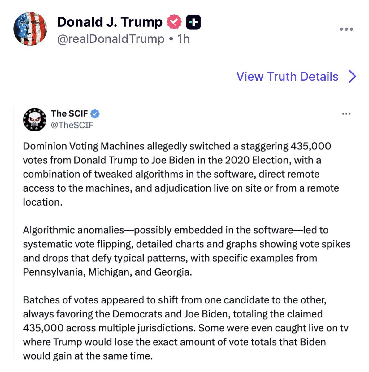 POTUS re-posting various insanities in the last few hours: that NATO and the UN are “the real threat,” not China or Russia; anti-Muslim bigotry (“they outbreed us”); wild election lies about Dominion voting machines.