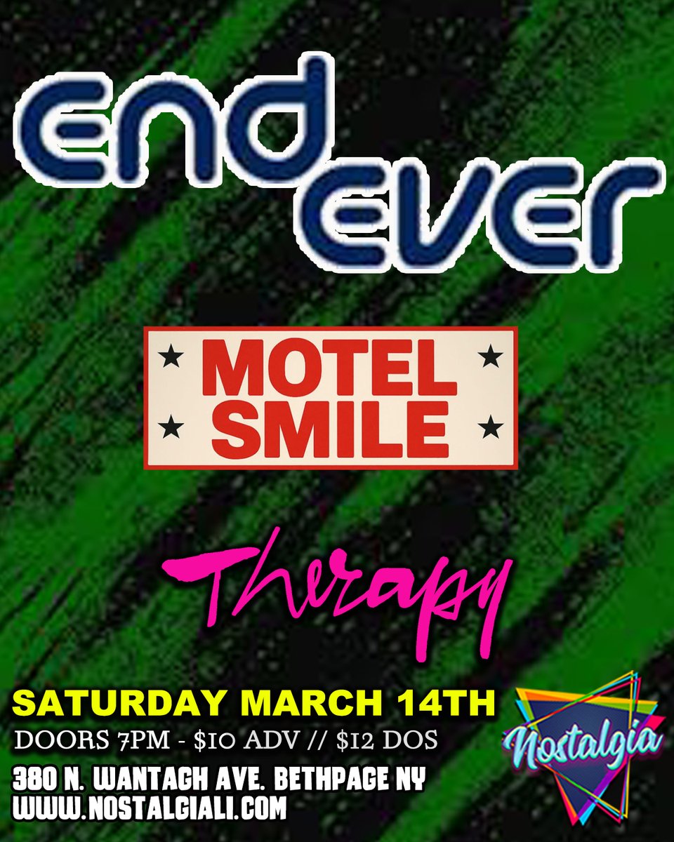 SATURDAY, MARCH 14TH!
End Ever w/ Motel Smile &amp; Therapy!
Doors open 7pm!
Tickets: tinyurl.com/zrtbr2mt