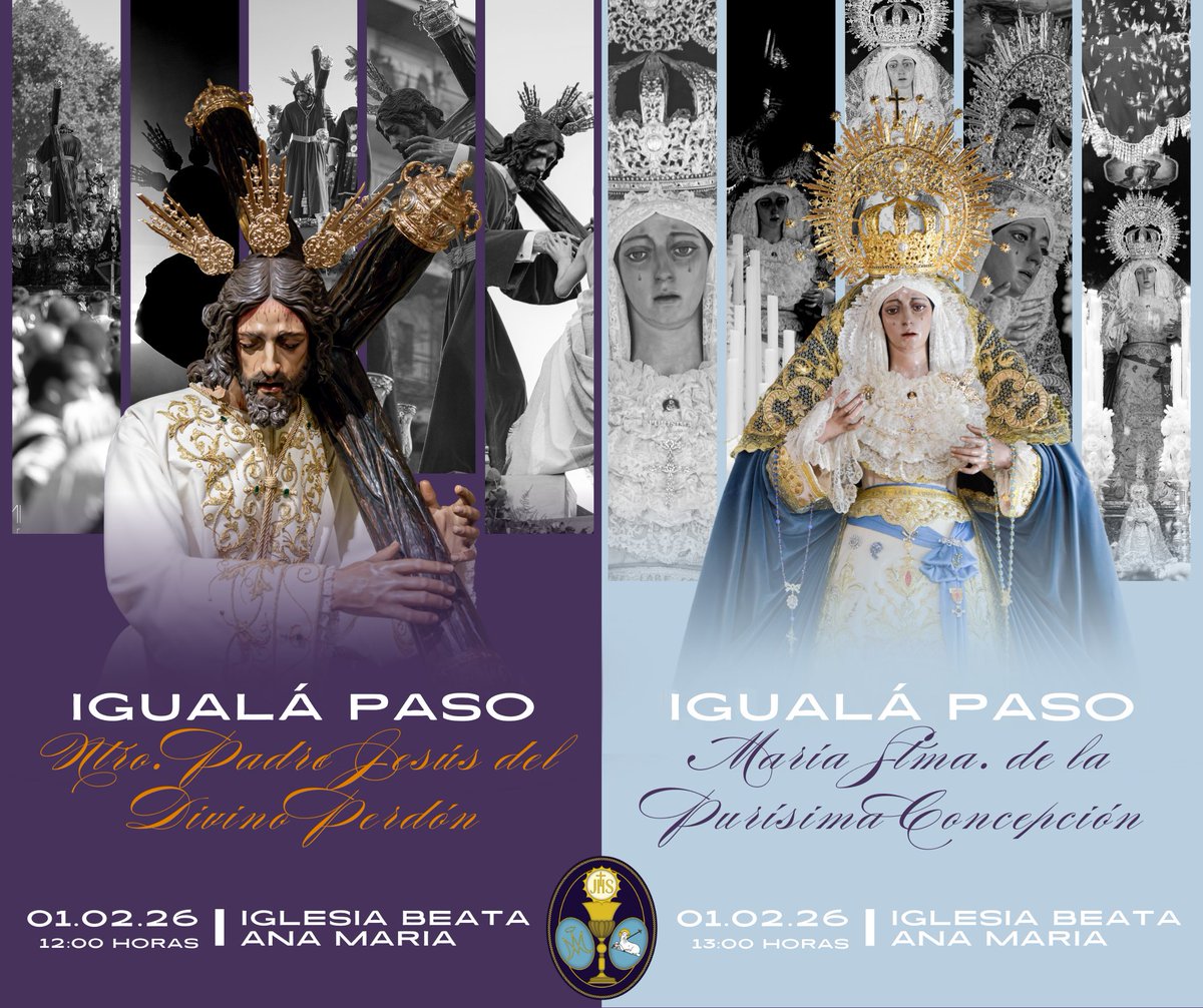 🟣⚫️ 𝐈𝐠𝐮𝐚𝐥𝐚́ 𝐏𝐚𝐬𝐨𝐬 | Se convoca a todos los costaleros y aspirantes:

🗓️ Domingo, 01.02.2026
📍 Iglesia Beata Ana María

Ntro Padre Jesús del Divino Perdón
🕓️ 12h.
👟 Calzado negro de salida

María Stma. de la Purísima Concepción
🕓️ 13h.
👟 Calzado blanco de salida
