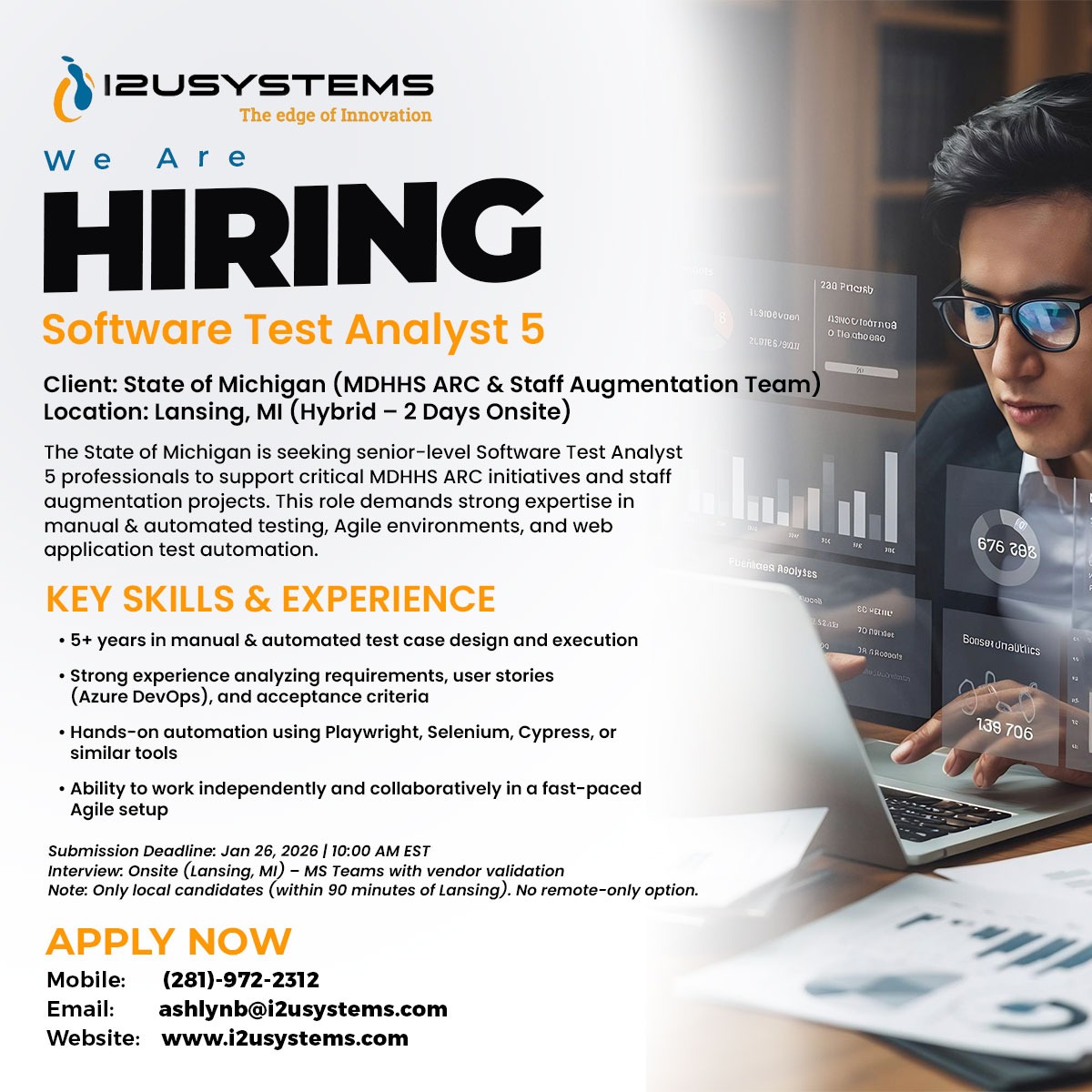 I2uSystems's tweet photo. 🚨 We Are HIRING 🚨
Software Test Analyst 5

📍 Client: State of Michigan (MDHHS ARC &amp; Staff Augmentation Team)
📍 Location: Lansing, MI
🕒 Work Mode: Hybrid (2 Days Onsite / 3 Days Remote)

📩 Apply Now
📧 Email: ashlynb@i2usystems.com
🌐 Website: https://t.co/7k81AgpgTV https://t.co/FF4TNrHu26