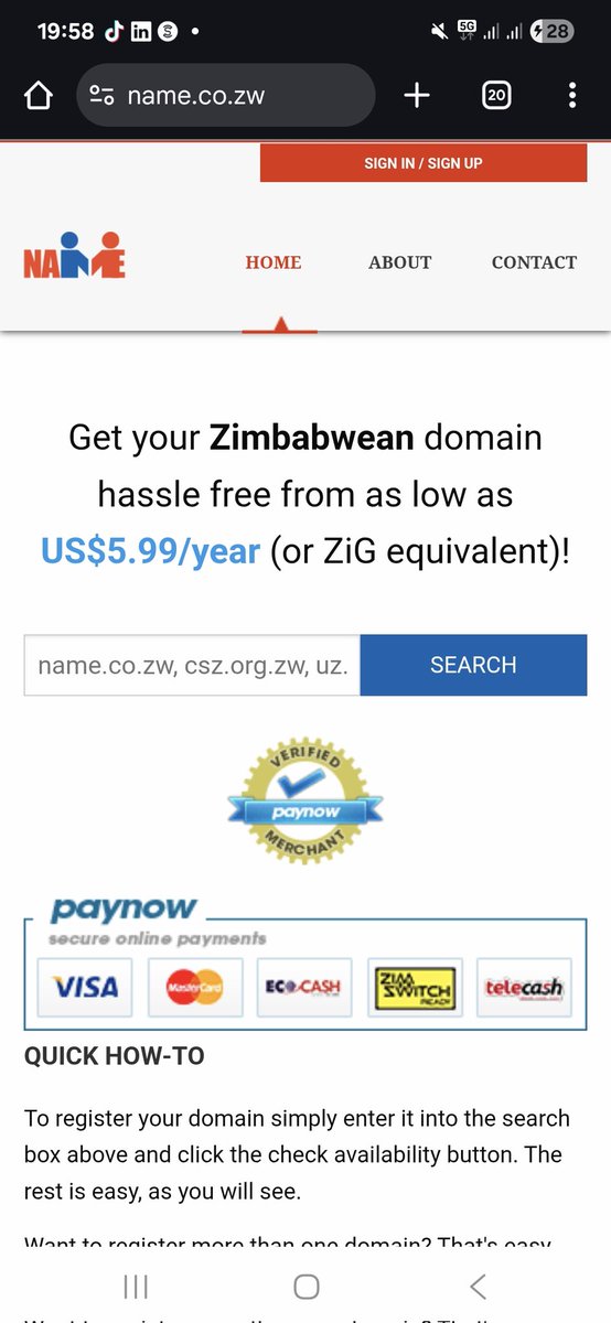 MunyaBloggo's tweet image. One of my favourite Zim startups is Name.co.zw  You can register a .co.zw domain name for USD $5.99 or ZIG equivalent, and you can pay using Ecocash.