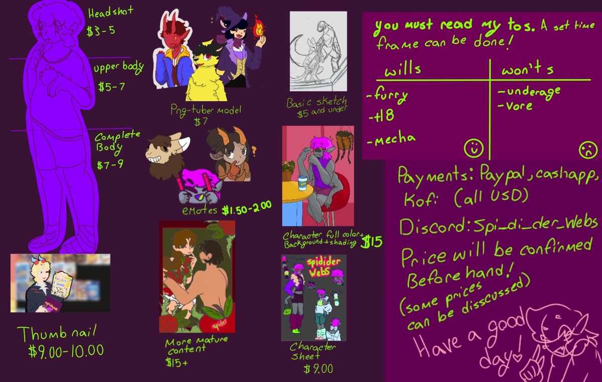 spider2502's tweet photo. I’m trying to make a brand new commissions sheet (this is my second revision), any suggestions to make it better from fellow commissions artists/buyers? #art #commissionsopen #artadvice #Commission https://t.co/PexWymvQMp