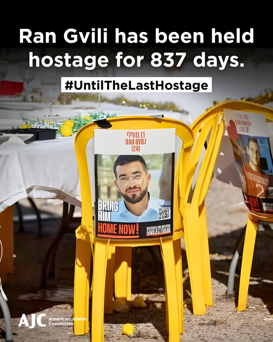 AJCGlobal's tweet photo. Ran Gvili is the last remaining hostage in Gaza.

With a broken shoulder, he was murdered on October 7, 2023, while defending his community from Hamas terrorists. His body was taken to Gaza, where it has been held for 837 days.

Ran is a hero who will not be forgotten. We will not stop until he is home.
https://t.co/O9kP6M7IeN