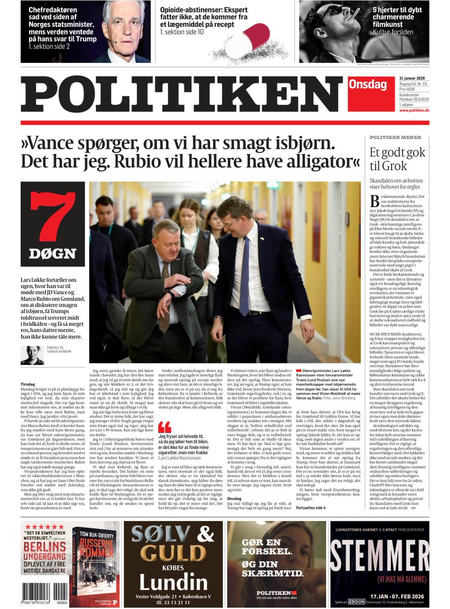 politiken's tweet photo. Lars Løkke Rasmussen fortæller om ugen, hvor han var til møde med JD Vance og Marco Rubio om Grønland, om at diskutere smagen af isbjørn og få Trumps toldtrussel serveret midt i hvidkålen
#dkmedier 
#tomorrowspaperstoday https://t.co/bOTuS7Pnhz