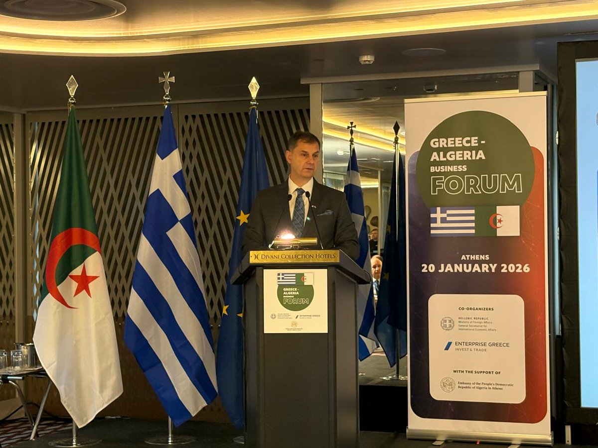 Algeria_MFA's tweet image. ترأس كاتب الدولة لدى وزير الشؤون الخارجية، المكلف بالجالية الوطنية بالخارج، السيد @SECCNE_Chaib مناصفة مع نائب وزير الخارجية اليوناني، السيد هاري ثيوهاريس، اليوم بأثينا، أشغال المنتدى الاقتصادي الجزائري-اليوناني، الذي ينعقد على هامش #الدّورة_2 للّجنة المشتركة بين البلدين.
🇩🇿🇬🇷