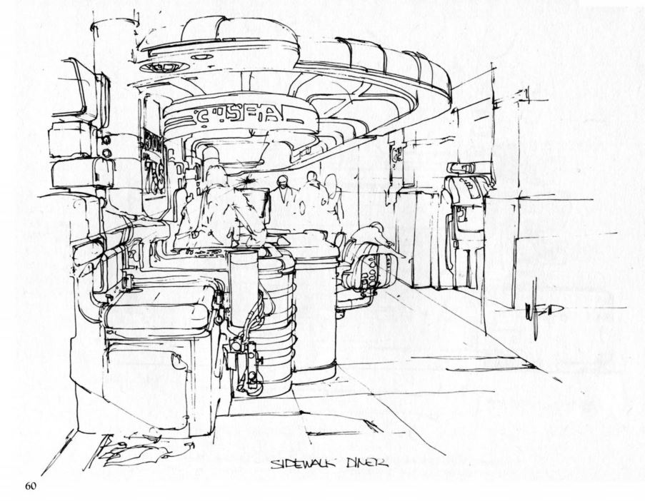 SciFiArchives's tweet photo. Syd Mead's design for the Blade Runner sidewalk diner https://t.co/bQMjKlW3Od