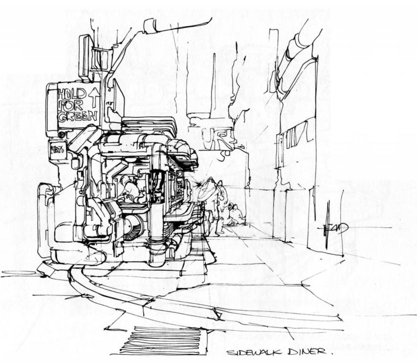 SciFiArchives's tweet photo. Syd Mead's design for the Blade Runner sidewalk diner https://t.co/bQMjKlW3Od