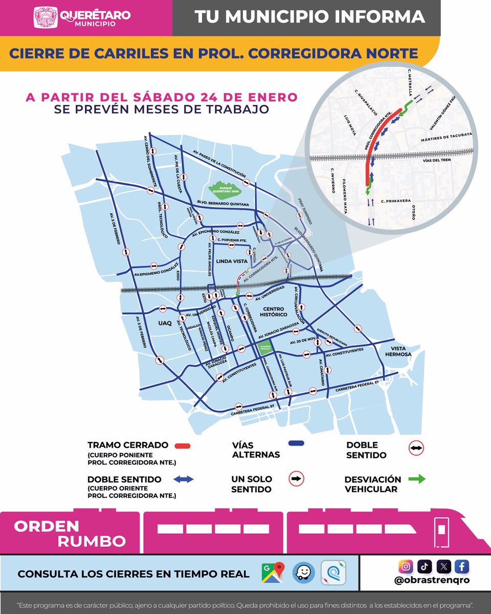 obrastrenqro's tweet image. ⚠️ Atención, Querétaro
Se informa que a partir del sábado 24 de enero iniciarán trabajos de obra relacionados con el proyecto del tren en Prolongación Corregidora Norte, por lo que se presentarán cierres parciales de circulación durante los próximos meses.

📲 Consulta rutas…