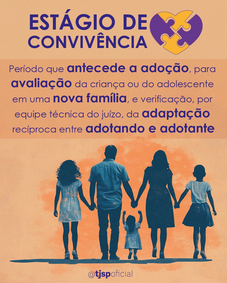 O procedimento de adoção está previsto nos artigos 39 e seguintes do Estatuto da Criança e do Adolescente. Você sabe o que é o estágio de convivência?

#GlossárioJurídico #Adoção #EstágiodeConvivência #ECA #CriançaeAdolescente #RedesSociaisTJSP #SocialMedia #MídiasSociais