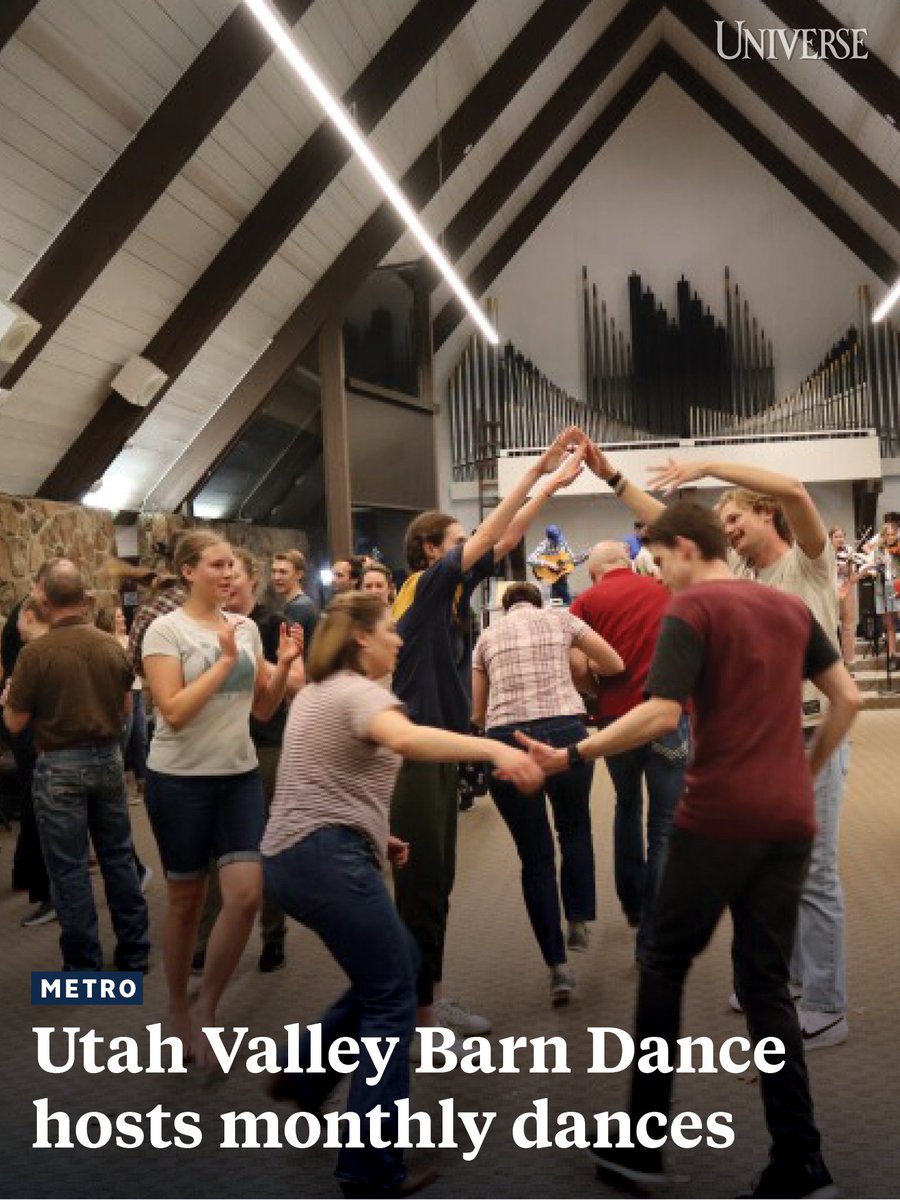 UniverseBYU's tweet image. Once a month at an old A-frame chapel in Provo, the doors are all propped open to let light, music and laughter leak from the busy interior.⁠
⁠
Read more at the link in our bio. ⁠
⁠
#universebyu #dancing #provo