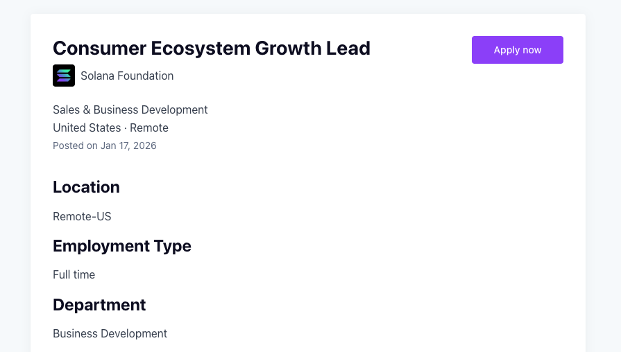 Pedromiranda's tweet image. Come lead Consumer Growth at @SolanaFndn:

Define the future of consumer crypto from the creator economy, prediction markets, onchain social &amp;amp; media, entertainment, gaming, and brand-driven experiences

Accelerate hundreds of Solana ecosystem teams and partners to get trillions…