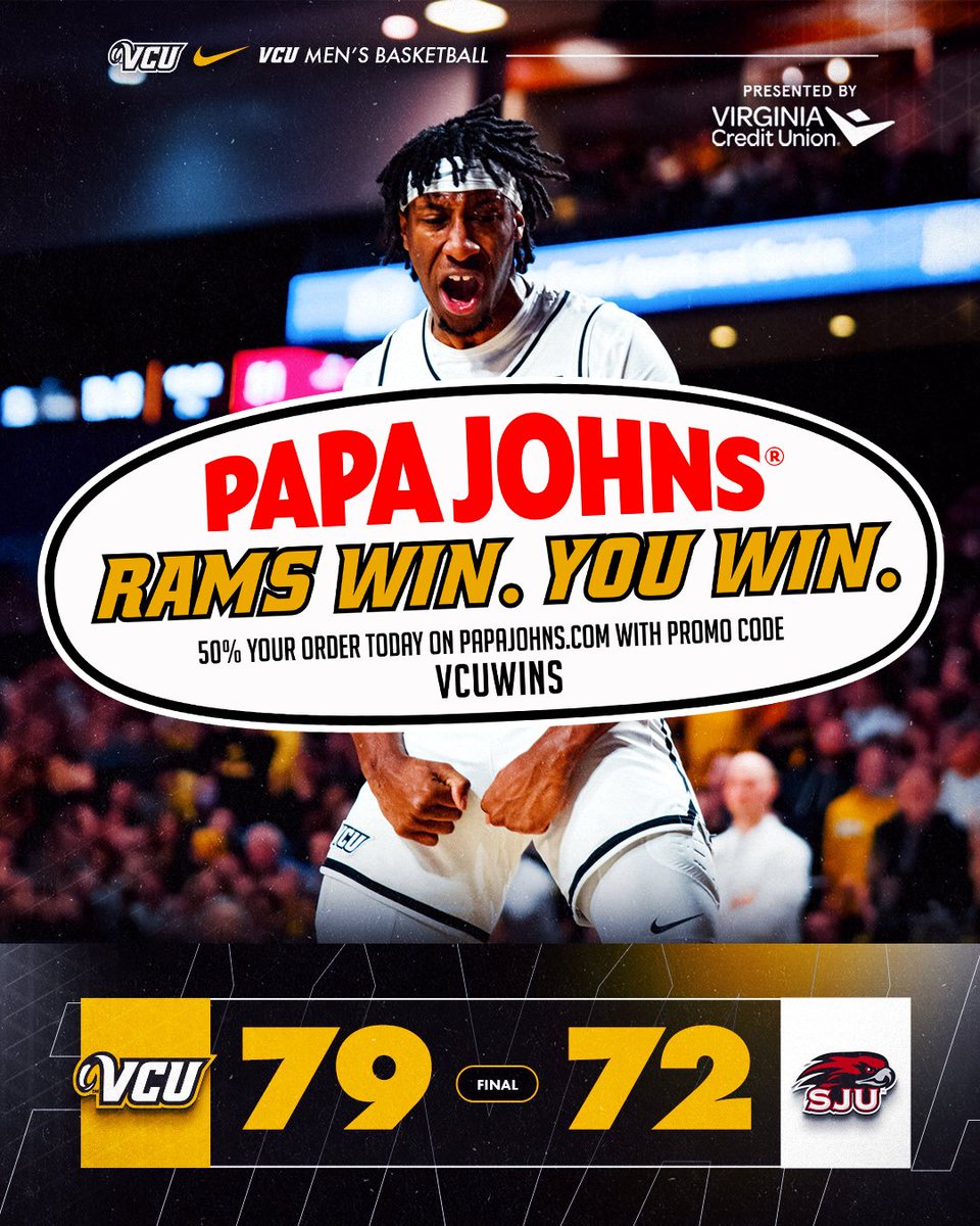 VCUSportsProp's tweet photo. Score 50% off your Papa John’s order today (1/20) using promo code “VCUWINS”!

#LetsGoVCU | @PapaJohns https://t.co/hXeum5aQcM