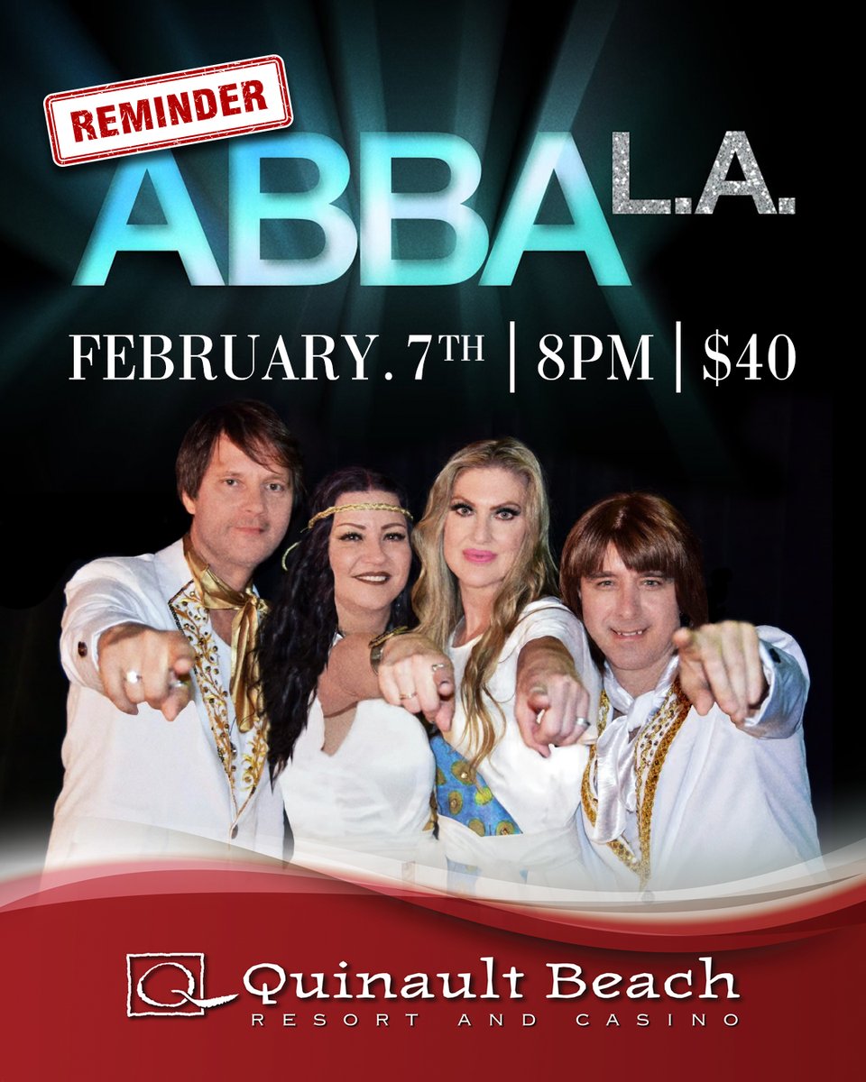 QBRC's tweet image. 🚨 REMINDER 🚨

Join us on Saturday, February 7, for an unforgettable night with ABBA LA, the ultimate ABBA tribute concert! Grab your tickets before they're gone because this one WILL sell out!

For more info, visit: quinaultbeach.com/abba-la.html
