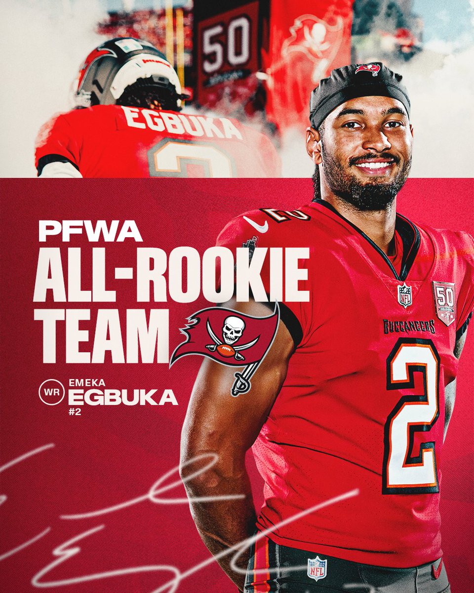 Buccaneers's tweet image. Congratulations, @EgbukaEmeka 👏

In his rookie season, E² finished second among rookies in receiving yards (938) and yards after catch (335), while tying for second in receiving TDs (six).

More to come 👀